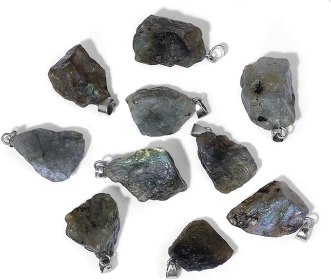 10pcs Irregular Raw Natural Labradorite Rock Stone Pendant Healing Crystal Chakra Gemstone Charm for Jewelry Making DIY Necklace Earrings Accessories Reiki