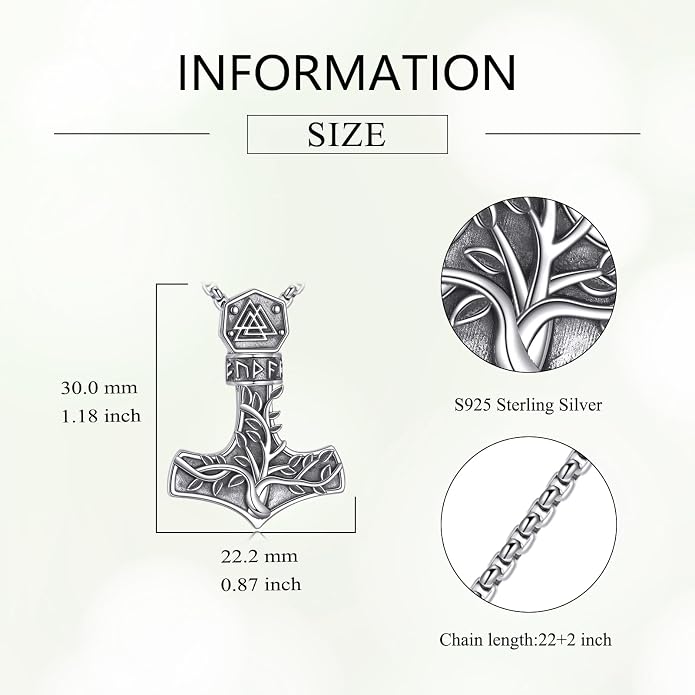 Viking Thor's Hammer Necklace Sterling Silver Vintage Norse Mjolnir Pendant Amulet Jewelry Gifts for Women Men