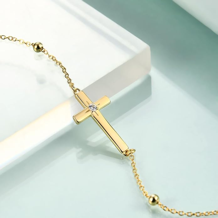 Rnivida 925 Sterling Silver Evil Eye Cross Chain Bracelet for Women,Adjustable