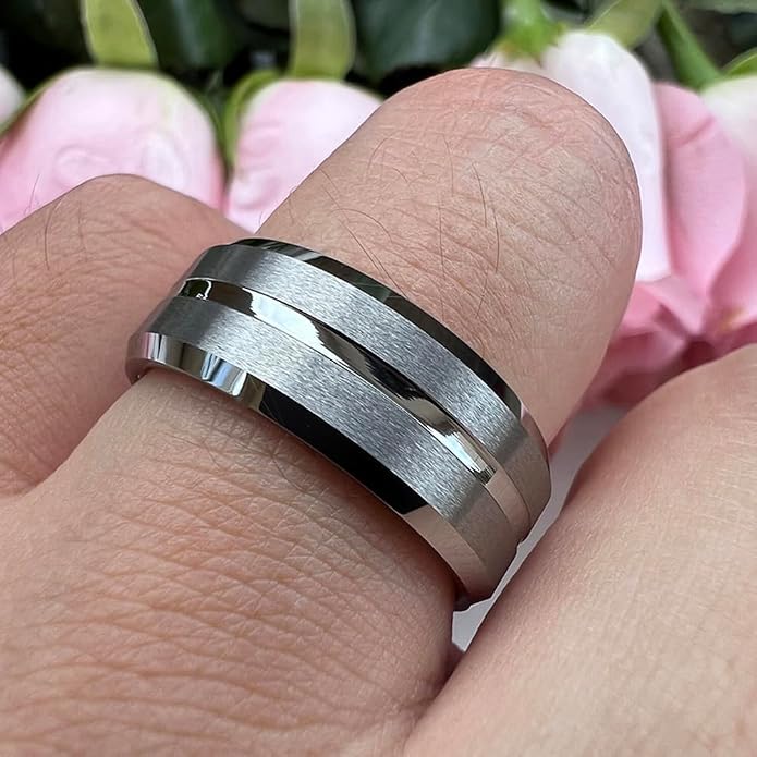 TUTISS 6mm 8mm Silver/Black/Blue/Gunmetal/Gold/Rose Gold Tungsten Rings for Men Women Fashion Engagement Wedding Bands Matte Finish Beveled Edges Comfort Fit