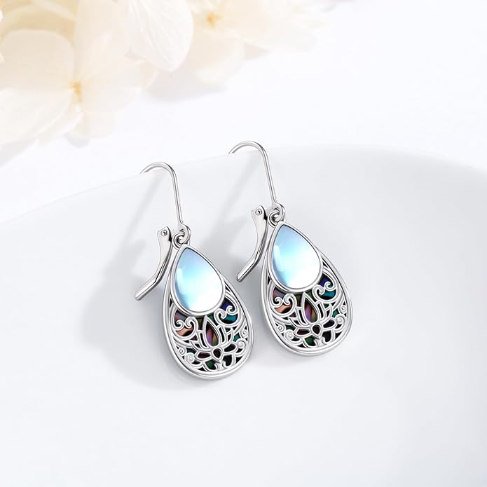 Dragonfly Filigree Earrings 925 Sterling Silver Teardrop Moonstone Abalone Shell Dangle Drop Earrings Filigree Jewelry Gifts for Women
