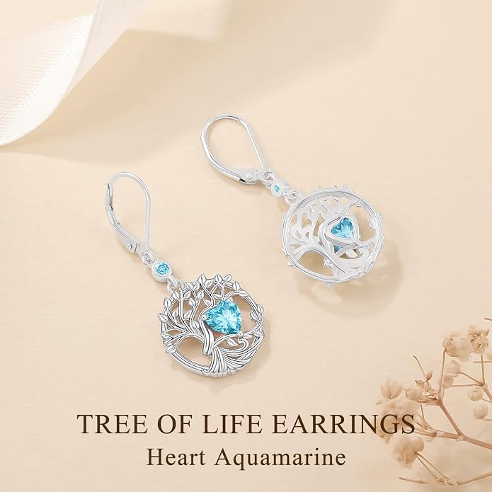 Odinstone 925 Sterling Silver Earrings Tree of Life Teardrop Moonstone Dangle Drop Leverback Earrings for Women