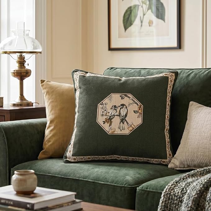 ISAENNE Vintage Elegant Linen Square Throw Pillow Cover,18"x18"-Murad E | Designer French Green Pillow Cover,Concealed Zipper Design,Floral and Bird Pattern,Sofa,Bedroom,Living Room,Lounge Chairs