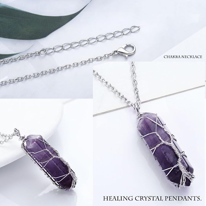Healing Crystal Stone Necklace Silver Tree Of Life Wire Wrapped Raw Gemstone Hexagonal Prism Pointed Crystal Pendant Necklace Reiki Spiritual Quartz Gemstone Jewelry