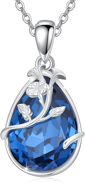 925 Sterling Silver Birth Flower Necklace with Teardrop Shaped Birthstone - 12 Colors, 12 Kinds of Flower - Ideal Birthday Jewelry Gift for Women, Mothers, Daughters & Wives
