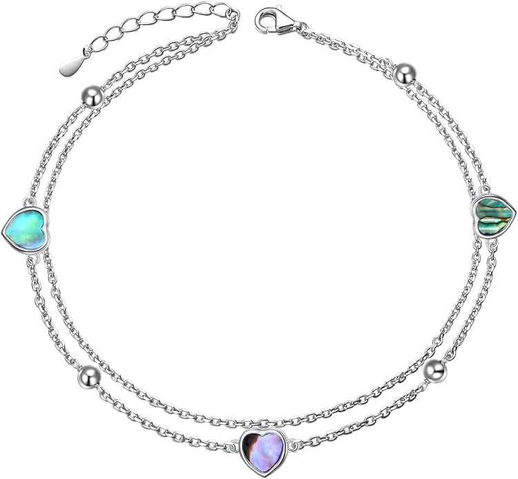 Ladytree S925 Sterling Silver Boho Beach Double Layer Anklets Bracelet for Women Adjustable 9 to 11 inches