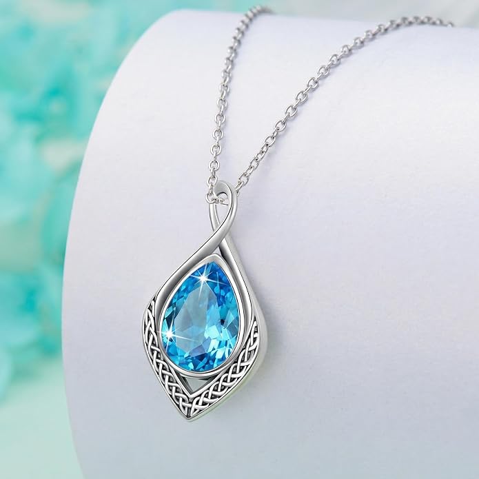 PELOVNY Celtic Knot Necklaces for Women 925 Sterling Silver Gemstone/Birthstone Teardrop Infinity Necklace Irish Celtic Pendant Jewelry Gifts for Mom Daughter Wife