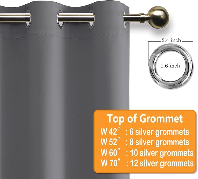 Hiasan Grommet Blackout Curtains for Bedroom, 70 x 63 Inches - Thermal Insulated & Light Blocking Window Drapes for Living Room/Dorm Room, Set of 2 Panels Sewn with Tiebacks, Light Grey