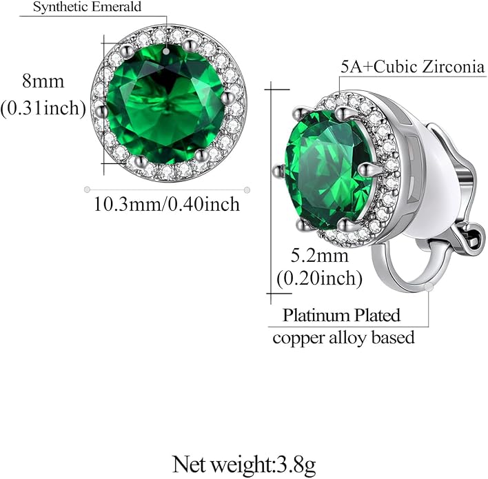 FindChic Sparkling Birthstone Clip On Earrings for Women, Silver Plated Stud Earrings 8MM Cubic Zirconia Non Pierced Studs, 12 Months Birthday Jewelry Gift