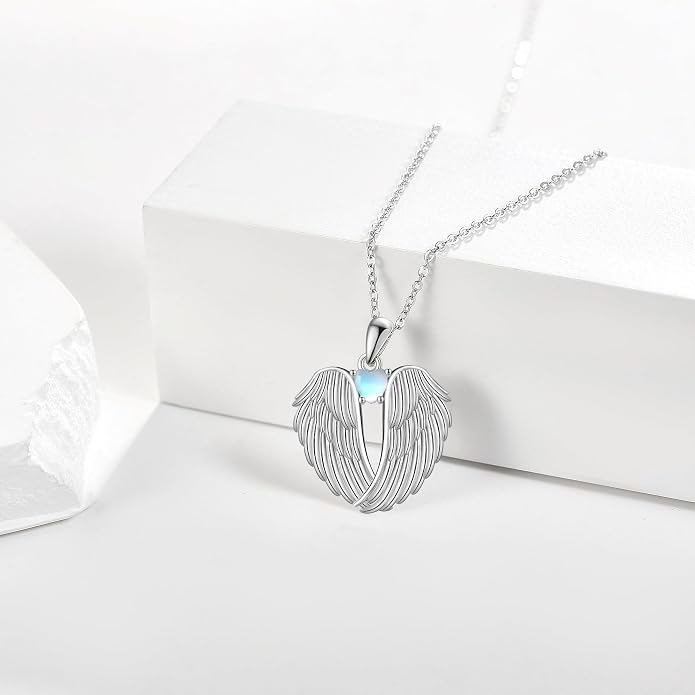 YFN Angel Wings Necklace 925 Sterling Silver Guardian Angel Wings Pendant Necklace Birthstone Necklace for Women Girls Christmas Jewelry Gifts