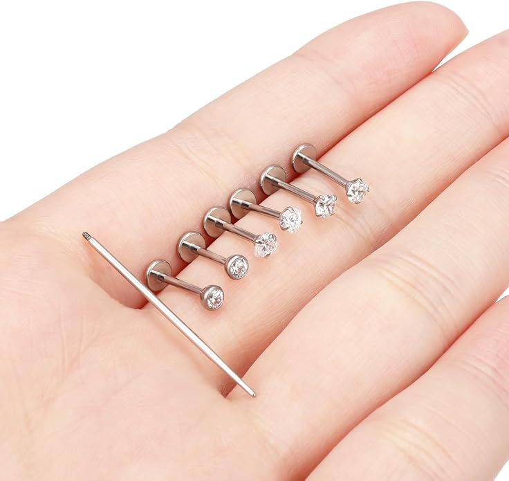 20G 18G 16G F316 Titanium Flat Back Nose Rings Studs Hypoallergenic Screw on Tragus Helix Cartilage Earrings Stud Piercing Jewerly for Women Men Bars 6mm