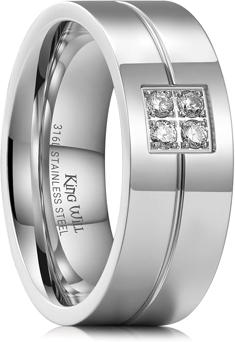 King Will Men's Titanium Wedding Band - 8mm Polished Band with Step Edges and Cross Design Featuring White Zirconia Insets Comfort Fit Size 7-14