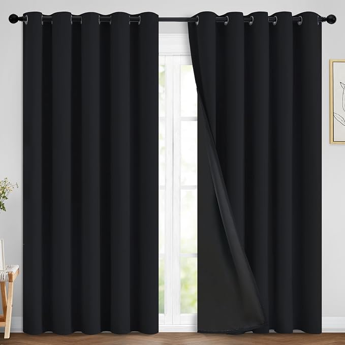 Yakamok Black 100% Blackout Curtains 84 Inches Long for Bedroom 70" Wide | Blackout Curtain Panels for Bedroom, 2 Thick Layers Grommet Top Thermal Insulated Drapes with Black Liner for Living Room