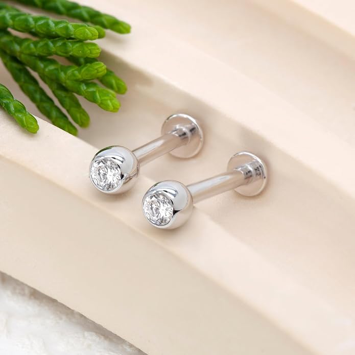 14k Yellow/White Gold Body Jewelry Earrings for Women Threaded Micro CZ Gem Top Tragus/Helix/Labret Stud 16G 6mm 8mm