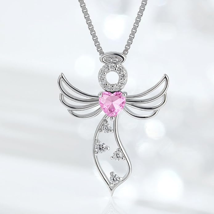 925 Sterling Silver Guardian Angel Pendant Necklace for Women - Birthstone Cubic Zirconia, 18" Chain, Gift for Her
