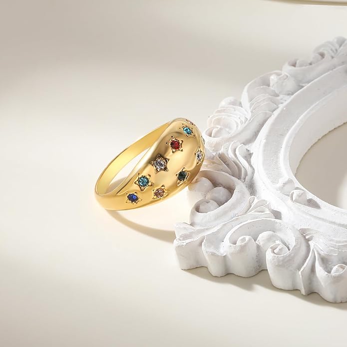 Gold Silver Rings Set for Women Chunky Statement Rings ZC Dome Evil Eye Croissant ring Thick 18K Gold Plated Band Rings