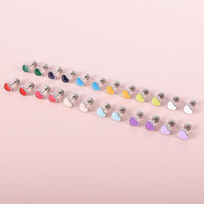 JMLOON 12 Pairs Enamel Flat Back Stud Earrings Surgical Stainless Steel Round Heart Star Square Hexagon Screw Back Stud Earrings