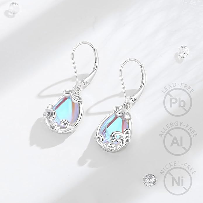 Vito 925 Sterling Silver Teardrop Earrings for Women, Moonstone Turquoise Drop Dangle Earrings Cat Snake Turtle Tree of Life Leverback Earrings Boho Jewelry Gift for Mom Wife