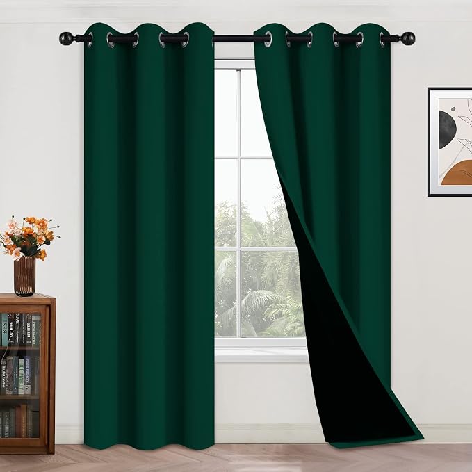 Yakamok Dark Green 100% Blackout Curtains 84 Inches Long 42" Wide 2 Panels | Blackout Curtain Panels for Bedroom, 2 Thick Layers Grommet Top Thermal Insulated Drapes with Black Liner for Living Room