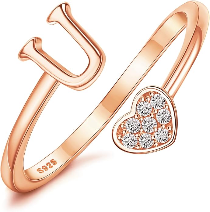 MILACOLATO 925 Sterling Silver Initial Rings for Women Teen Girl 18K Gold Plated Heart Initial Rings Adjustable Capital Letter Ring Stackable Thumb Pinky Rings for Daughter Birthday Bridesmaid Gifts Jewelry, A to Z
