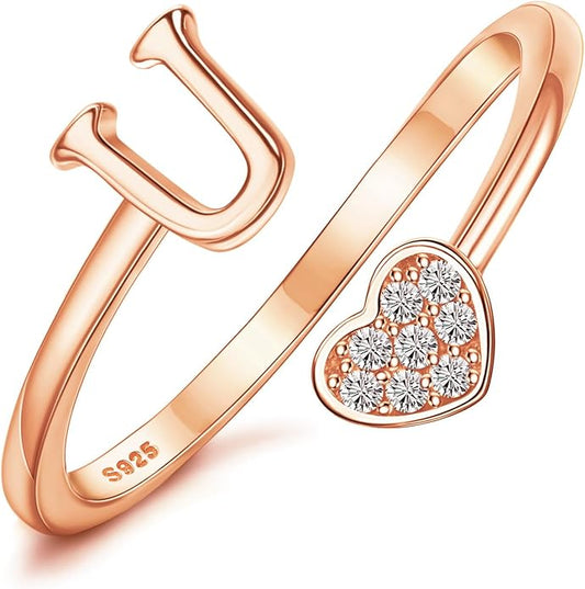 MILACOLATO 925 Sterling Silver Initial Rings for Women Teen Girl 18K Gold Plated Heart Initial Rings Adjustable Capital Letter Ring Stackable Thumb Pinky Rings for Daughter Birthday Bridesmaid Gifts Jewelry, A to Z