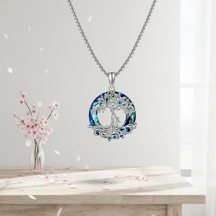 Tree of Life Necklace 18K White Gold Plated Tree of Life Abalone Shell/Crystal Pendant Necklace Family Tree Jewelry Gifts for Women Mothers Day Gifts