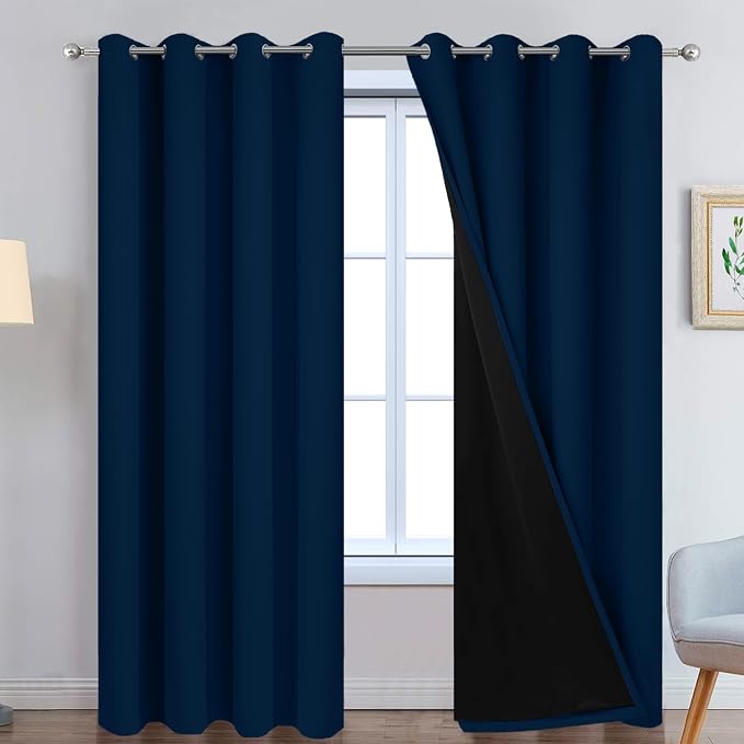 Yakamok Dark Blue 100% Blackout Curtains 84 Inches Long 52" Wide 2 Panels | Blackout Curtain Panels for Bedroom, 2 Thick Layers Grommet Top Thermal Insulated Drapes with Black Liner for Living Room