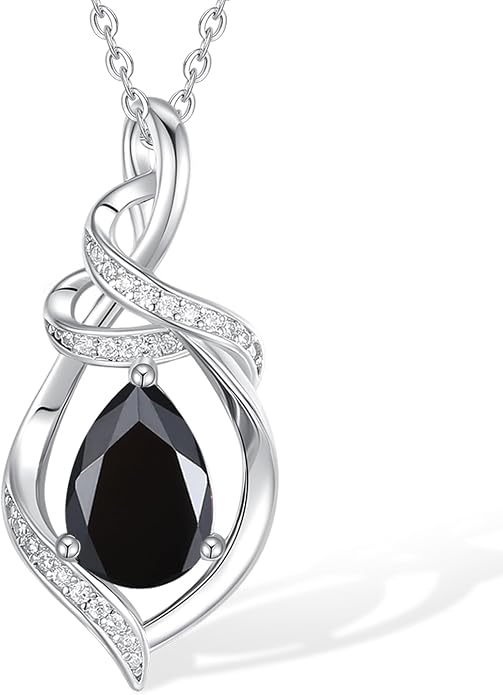FANCIME Teardrop Birthstone Necklace for Women S925 Sterling Silver Elegant Ribbon Pendent Necklace Birthday Jewelry Gifts for Mom Wife Her, 16"+2" Inches