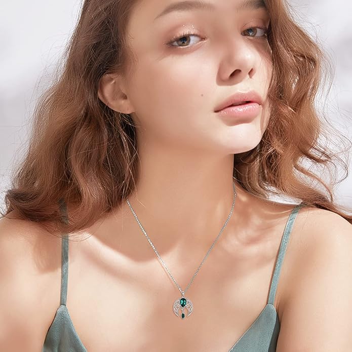 AOBOCO Sterling Silver Celtic Crescent Moon Goddess Pendant Irish Good Luck Necklace with Birthstone Crystal, Celtic Moon Jewelry Gift for Women Mom Wife