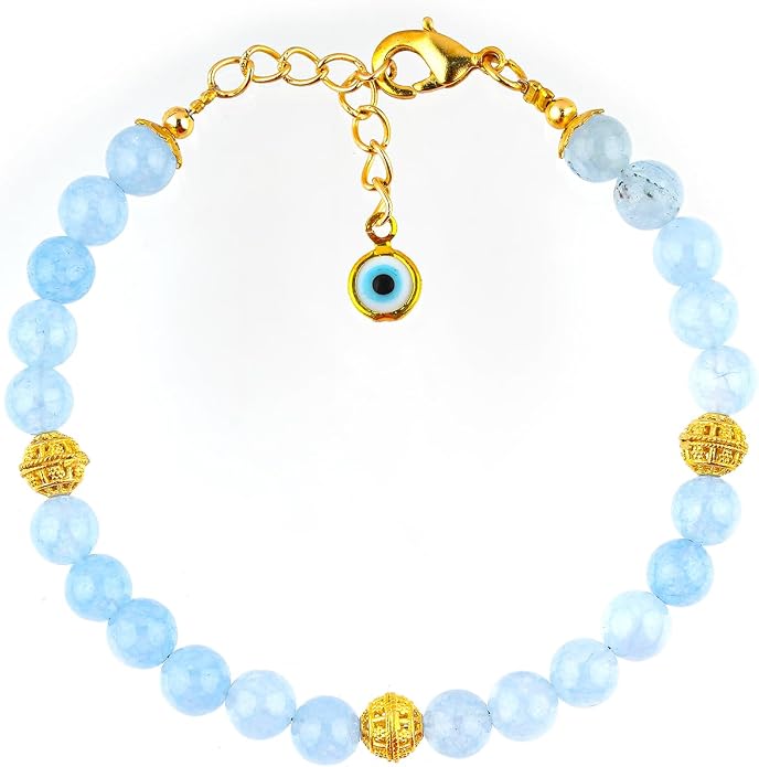 AAA Grade Natural Gemstone Beaded Bracelet, 14K Gold Plated with Evil Charm, Wicca & Reiki Healing Crystals, Handmade Bohemian Jewelry, Christmas Gift for Women (7+1inch)