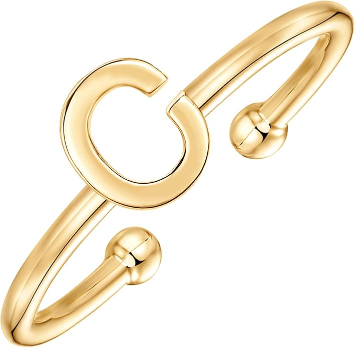 PAVOI 14K Gold Plated Initial Letter Adjustable Ring for Women - Thin Initial Band - Dainty Fashion Jewelry Gifts
