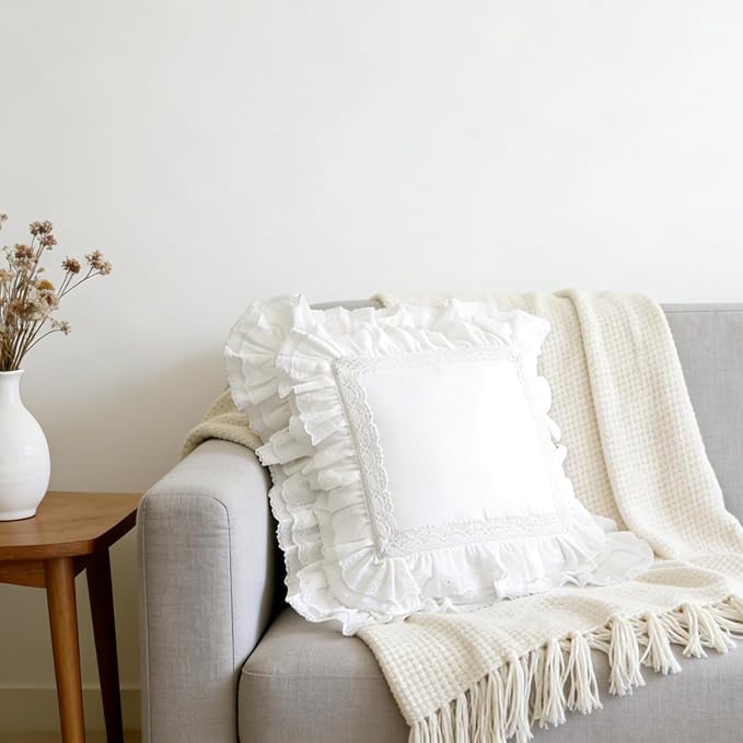 26x26 White Lace Pillow Cases,White Ruffle Throw Pillow Covers Pillowcase Set of 2,Farmhouse Decorative Ruffle Pillow Covers,Handmade Lace Pillow Cases