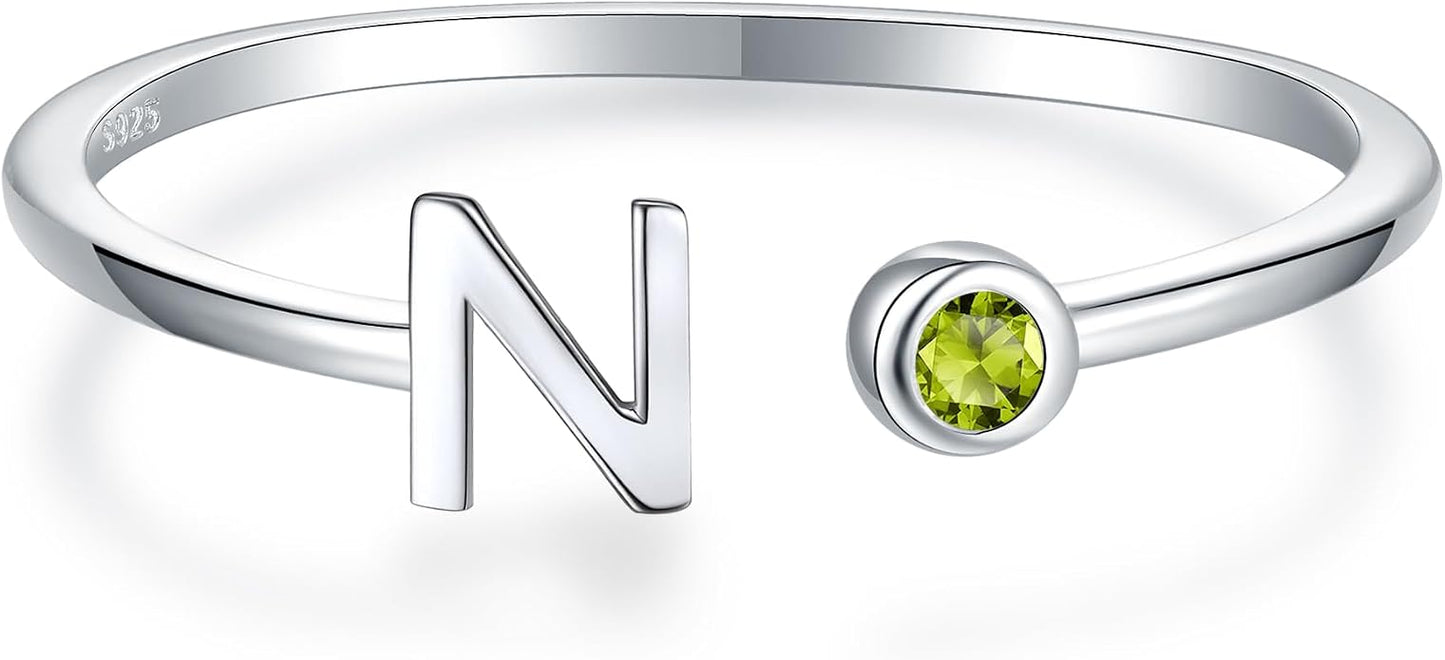 925 Sterling Silver Initial Letter Birthstone Rings for Women Adjustable 1-12 Month Birthstone Alphabet Stacking Ring for Teens Girls Stackable Birthstone Rings Birthday Jewelry Gift for Daughter Mom