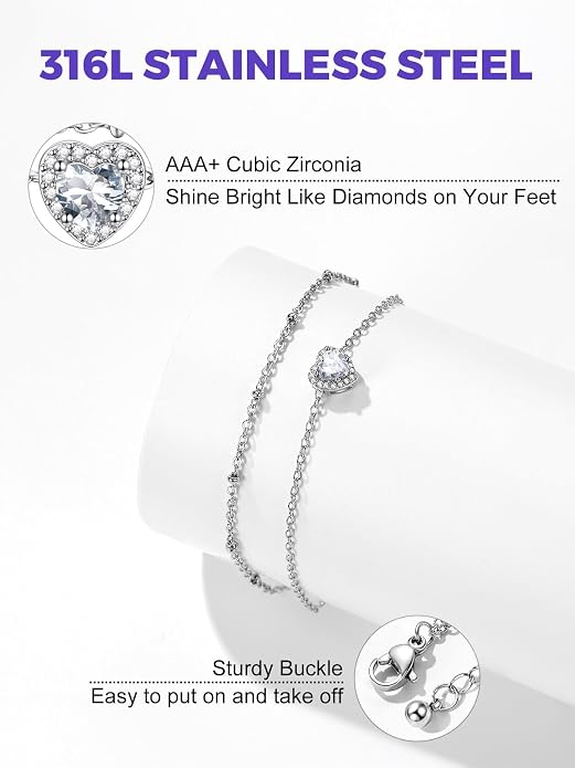 Richsteel Double Layer Heart/Butterfly Birthstone Anklet for Women Non Tarnish Waterproof, Silver/Gold/Black Stainless Steel 8.5-10.5 Inch Adjustable Chain Anklets Jewelry Gifts for Her