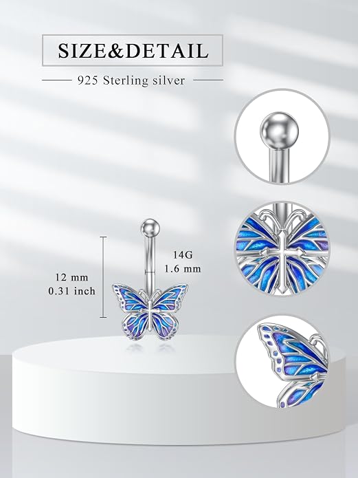 Sterling Silver 14G Belly Button Rings Cross/Cat/Butterfly/Cow/Skull/Birthstone Heart Navel Rings 16mm Body Piercing Jewelry for Women