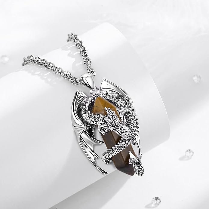 INFUSEU Unique Dragon Necklaces with Healing Crystal Stone for Men Women, Personalized Spiritual Gifts, 24 Inch Chain