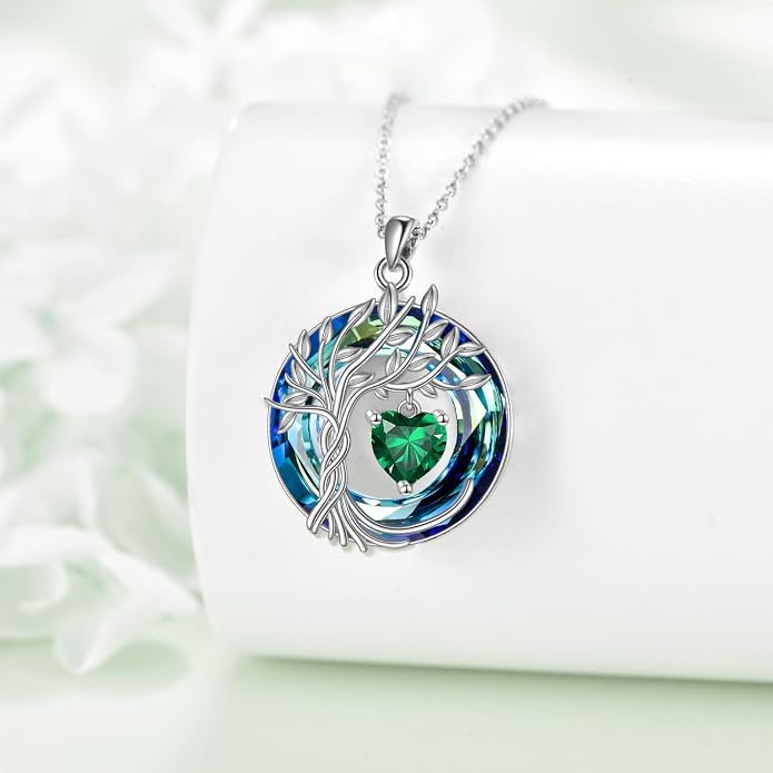 POPLYKE Mothers Day Gifts for Mom Her Wife Tree of Life Necklace 925 Sterling Silver Birthstone Pendant with Crystal Anniversary Birthday Wedding Jewelry for Women