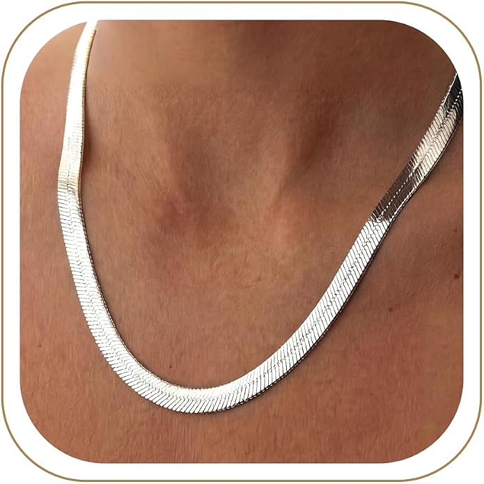 WomenGifts 14K Gold Silver Plated Herringbone Necklace for Women, Dainty Snake Chain Choker, Trendy Simple Long Layered Jewelry Non Tarnish, 3/4/5/8mm,14,16,18,20,22,24,26 Inch Thin & Chunky Options