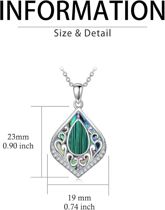 HPQQ Filigree Gemstone Necklace 925 Sterling Silver Teardrop Bohemian Necklace Abalone Shell Jewelry Birthday Gifts for Women