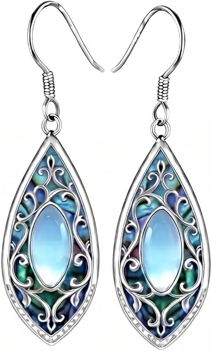 Filigree Earrings Boho Teardrop Dangle Earrings with Moonstone Blue Enamel Drop Earrings Vintage Jewelry Gift for Women