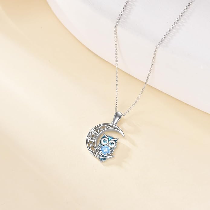 Owl Birthstone Necklace Sterling Silver Celtic Moon Pendant Cubic Zirconia Owls Jewelry Birthday Gifts for Women Men