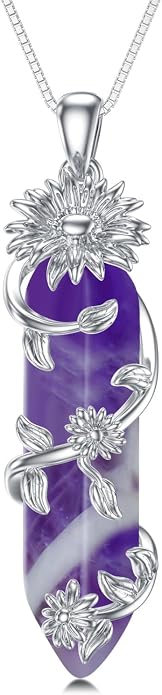 Healing Crystal Necklace 925 Sterling Silver Sunflower/Tree of Life Wrapped Pendant Reiki Energy Jewelry for Women