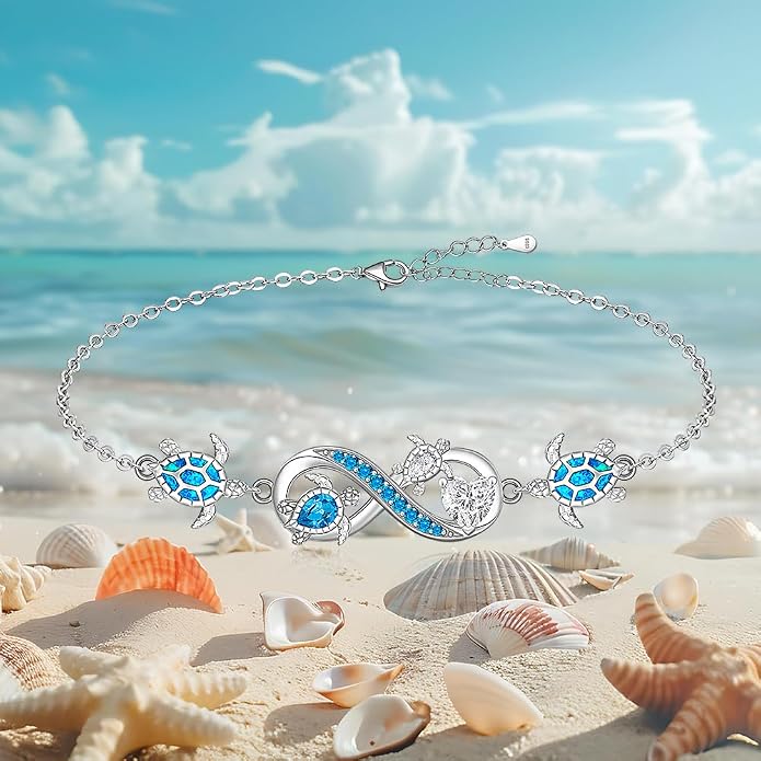 Fenthring Turtle Anklets for Women Turtle Ankle Bracelet Blue Opal Sea Sterling Silver Infinity Wave Ocean Beach Summer Jewelry Mothers Day