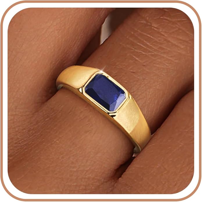 Birthstone Gold Rings for Women Non Tarnish 14K Gold Plated Chunky Emerald Rings Thumb Signet Statement Dainty CZ Band Ring Unique Waterproof Cute Jewelry Gift for Birthday Size 6-10
