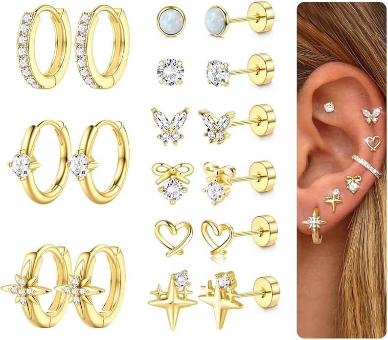 Kakonia Hypoallergenic Flat Back Earrings for Women Men Surgical Steel Earring for Sensitive Ears, 14K Gold Plated Stainless Steel Flatback Stud Hoop Cartilage Earring Stacks for Multiple Piercing