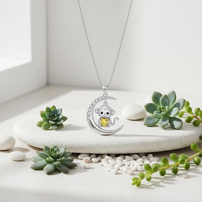 PROESS Animal Birthstone Necklace 925 Sterling Silver Otter/Axolotl/Hippo/Elephant/Dachshund/Monkey/Red Panda Pendant Necklace Animal Birthstone Jewelry Gifts for Women