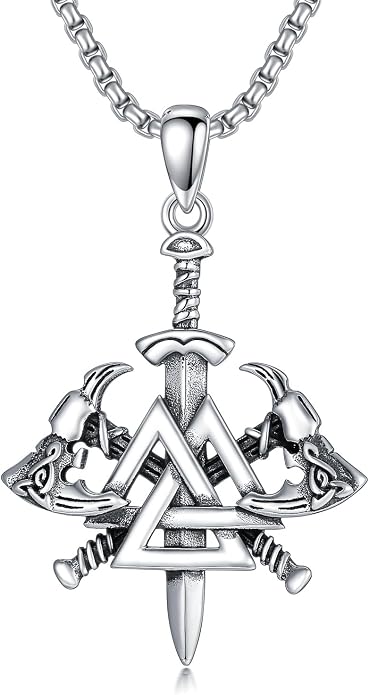 PROESS Viking Valknut Necklace S925 Sterling Silver Viking Knot Nordic Sword Necklace Celtic Axe Amulet Dagger Pendant Jewelry Gifts for Men Women