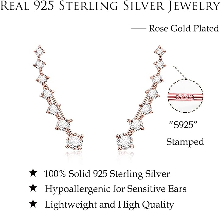 Reffeer Solid 925 Sterling Silver 7 Crystals Cuff Earrings Climber for Women Crawler Earrings Wraps