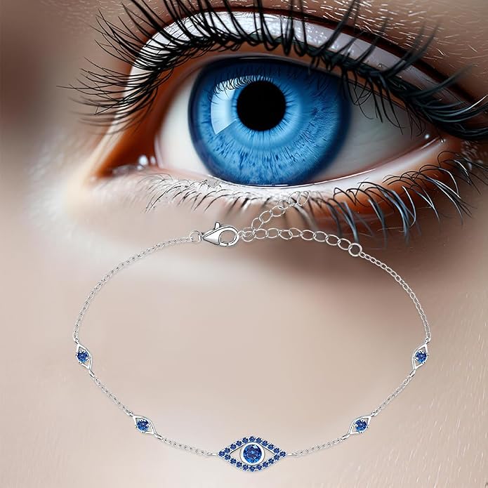 Blue Evil Eyes Link Bracelet, Evil Eye Earrings, S925 Sterling Silver Dainty Cubic Zirconia Adjustable Link Lobster Claw Clasp Chain Jewelry