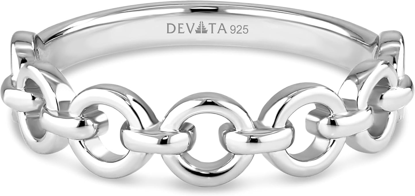 DEVATA Gold or Rhodium Plated Sterling Silver 925 – Eternity, Band Ring for Women – Heart, Knot, Clover, Infinity, Mariner, Cable, Curb, Cuban, Figaro, Daisy, Rope, Ribbed, Dome